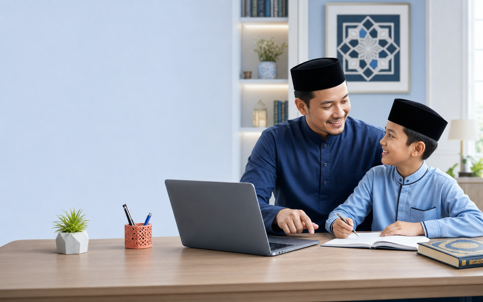 Ayah dan anak Muslim belajar online bersama