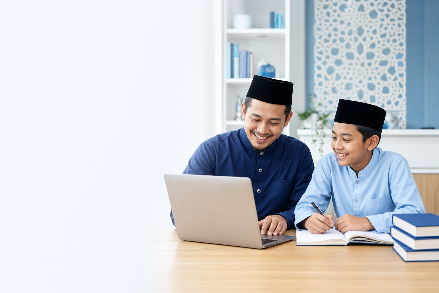 Tutor pria Muslim mendampingi siswa belajar secara online