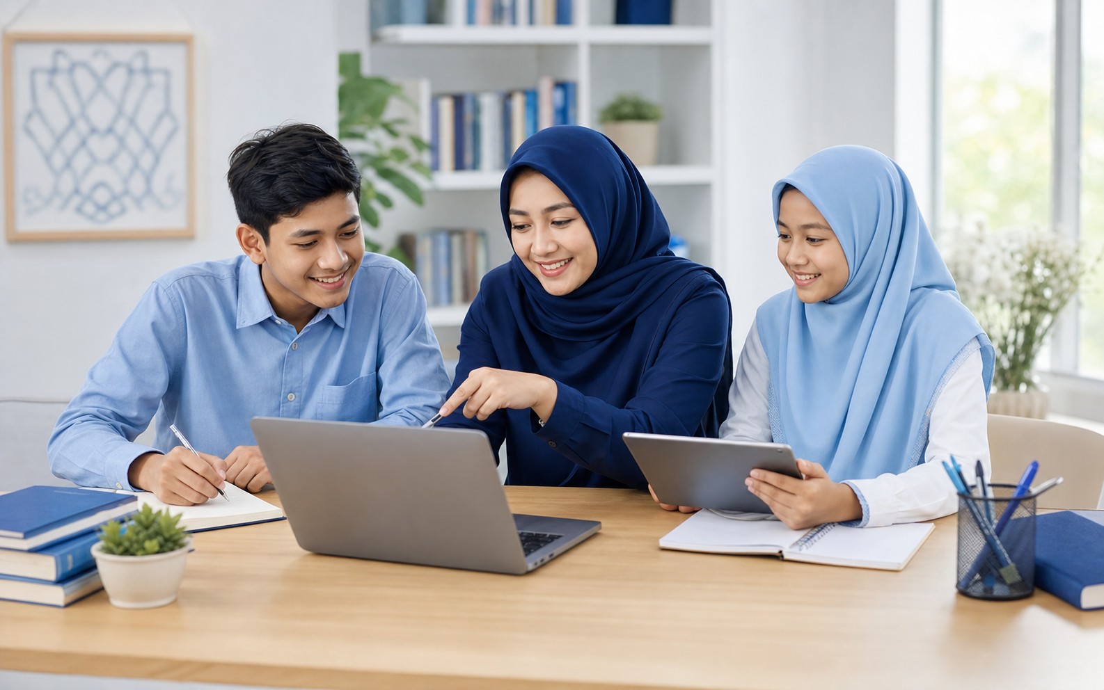 Tutor Muslimah dan siswa belajar online bersama